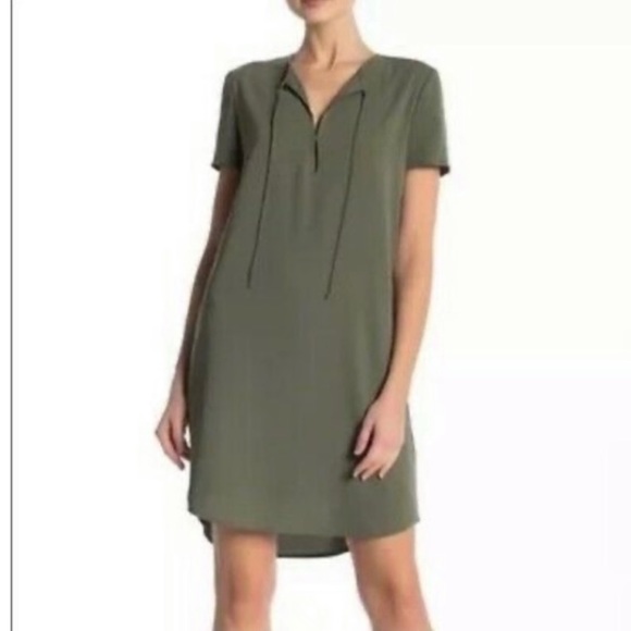 Theory Dresses & Skirts - THEORY Antazie Tie Front Shift Mini Dress Military Green crepe Drapey Size 6